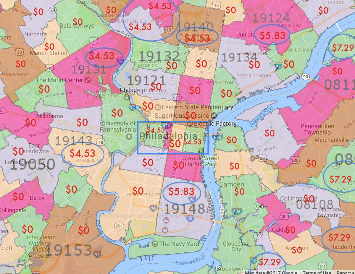 Philadelphia un apkārtējo teritoriju karte
