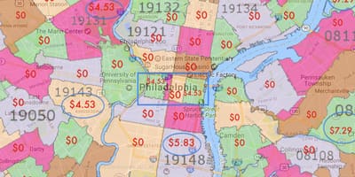 Philadelphia un apkārtējo teritoriju karte